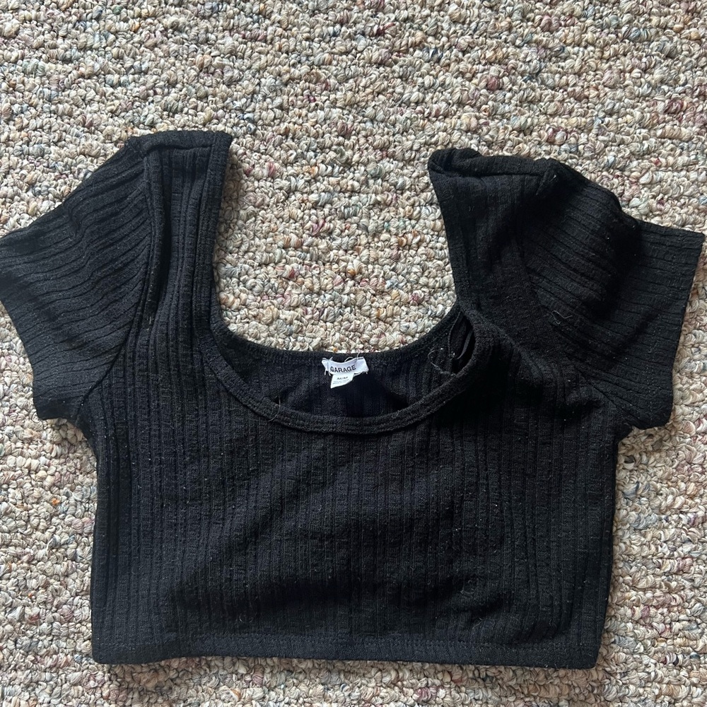 Garage Black Puff Sleeve Ribbed Crop Blouse